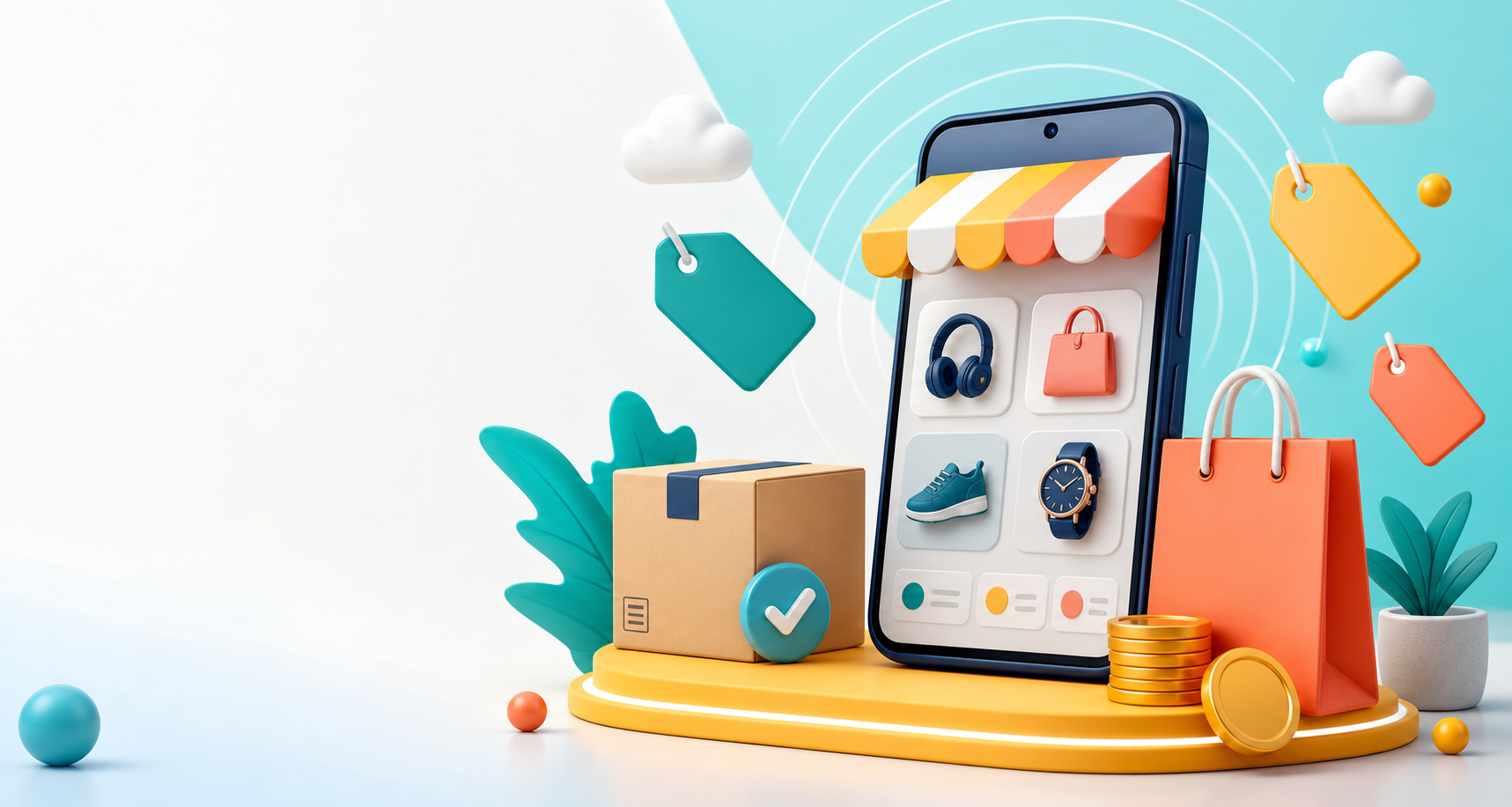 Colorful online shopping illustration with tags, bags, phone, and savings coins